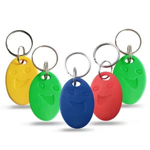 Cinque portachiavi per il controllo degli accessi, Ognuno con una faccina sorridente colorata in giallo, verde, blu, rosso, e verde scuro, vengono visualizzati su uno sfondo bianco. Il nome del prodotto è 217.
