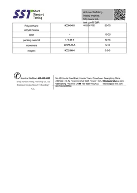 Un documento di Sharp Standard Testing che mostra le sostanze chimiche con i rispettivi numeri CAS e intervalli percentuali. Le informazioni di contatto e l'indirizzo sono incluse in fondo.