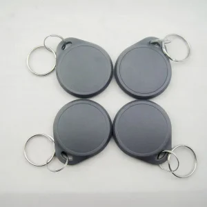Four Dual Frequency Key Fobs with metal key rings, each in gray, are organized in a two-by-two grid on a white surface.