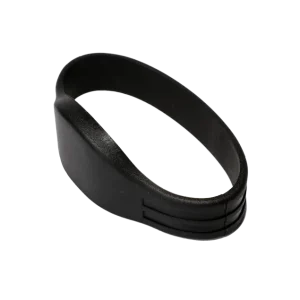 The NFC Wristband for Events is a black, oval-shaped plastic object with a curved top and flat bottom.