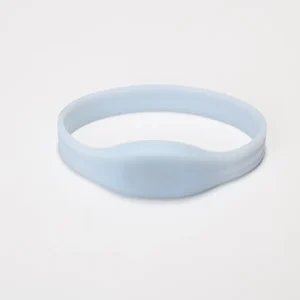 A light blue silicone wristband on a plain white background, labeled as one of the innovative Programmable RFID Bracelets.