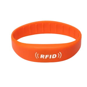 An RFID band in orange, featuring the text "RFID" jar blanco, is one of our versatile RFID bands designed to meet diverse security and identification needs.