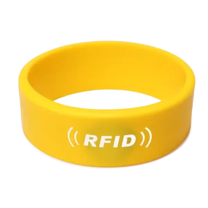 A yellow RFID Hotel Wristband featuring a white RFID symbol and text printed on it.