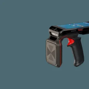The RS501 RFID scanner features a modern design with a sleek black handle and eye-catching red accents, effortlessly connecting to your smartphone. This handheld device is displayed against a simple backdrop, emphasizing its advanced functionality and contemporary look.
